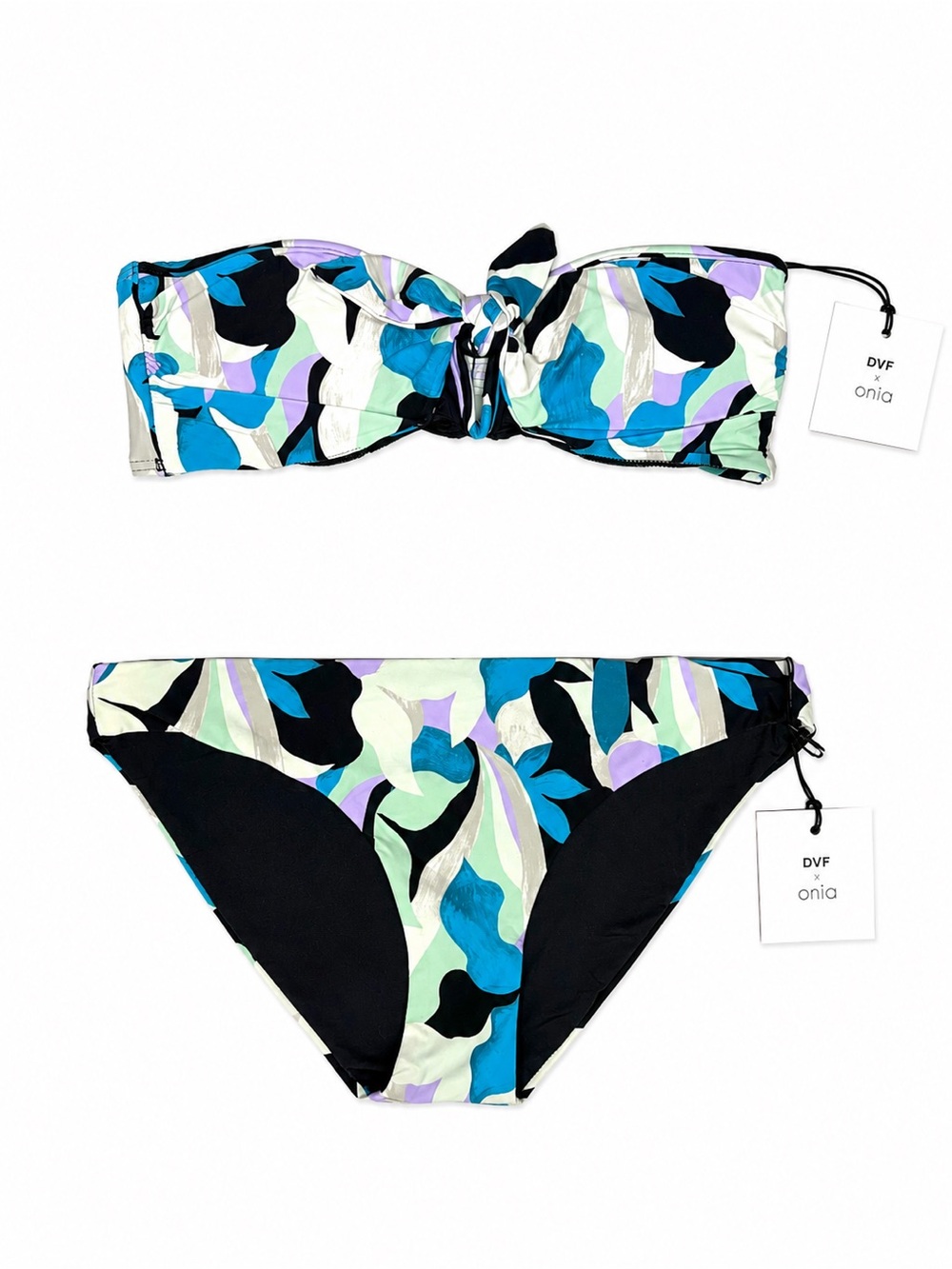 Onia x DVF Abstract Floral Bandeau Bikini Set in Teal, Lavender & Black size S